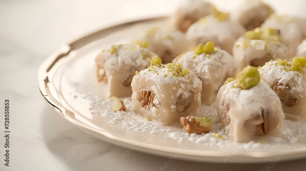 Turkish delight with pistachios on a white plate. Selective focus. Turkish delight with pistachios on a white plate. Selective focus.