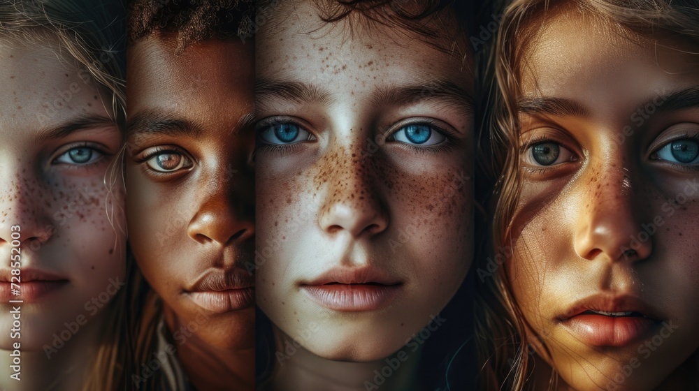 A collage of four photos featuring a girl with freckles on her face. Perfect for illustrating natural beauty and diversity