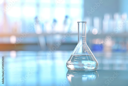 Glass chemistry beaker on laboratory table. Realistic lab flask equipment for scientific test.