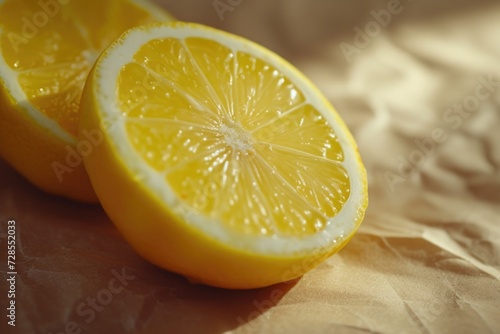 Two lemons cut in half placed on a piece of paper. Perfect for food photography or citrus-themed designs