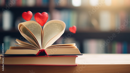 Love story book with open page of literature in heart shape and stack piles of textbooks on reading