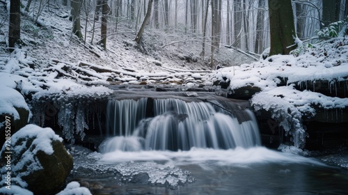 A picturesque small waterfall surrounded by snow-covered trees. Ideal for nature-themed designs and winter landscapes