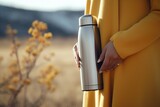 A woman in a yellow coat holding a silver bottle. Perfect for product promotion or advertising campaigns