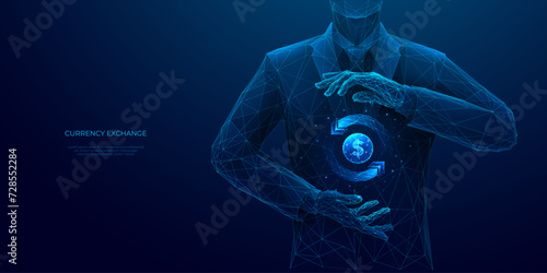Abstract businessman holding a Currency Exchange Symbol in his hands on a dark blue background. Digital money transfer. Finance concept. Dollar coin and rotate double arrows. Vector illustration.