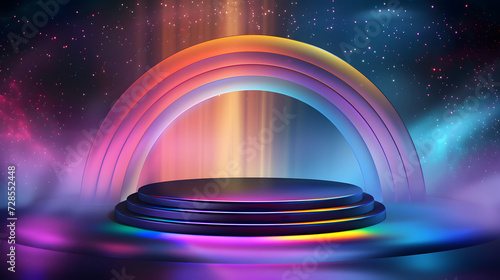 Dome shaped podium with colorful holographic effect podium background