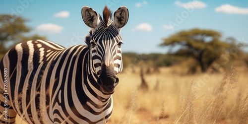 A zebra standing in the middle of a dry grass field. Suitable for nature and wildlife themes