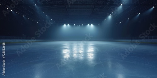 An empty ice rink with spotlights illuminating the ice. Perfect for sports events, ice skating competitions, or winter-themed designs