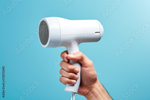 A hand holding a blow dryer against a blue background. Can be used for haircare or beauty-related designs