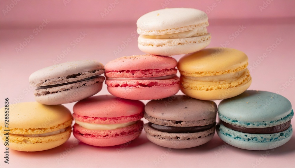 Colorful french macarons on pink background. Sweet and tasty dessert. Colorful french macarons on pink background. Sweet and tasty dessert.