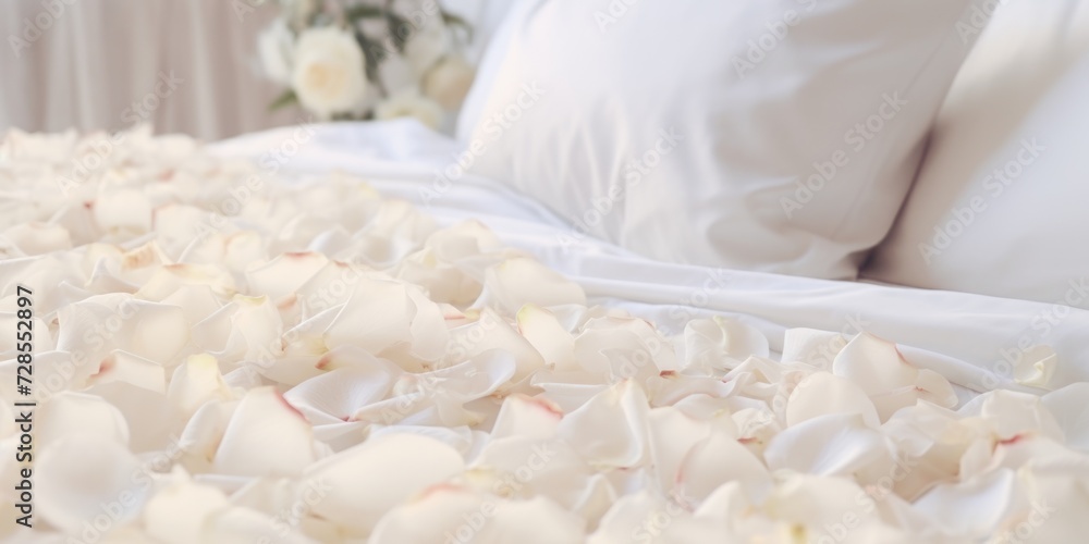 A bed adorned with white petals and pillows, creating a romantic and luxurious atmosphere. Perfect for wedding and honeymoon themes or as a background for beauty and relaxation concepts