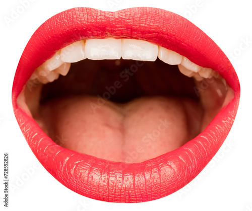 Obraz na plátně Open female mouth with white teeth, red lipstick isolated over transparent background