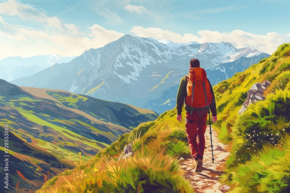 A painting of a man hiking up a mountain. Suitable for adventure or nature-themed projects