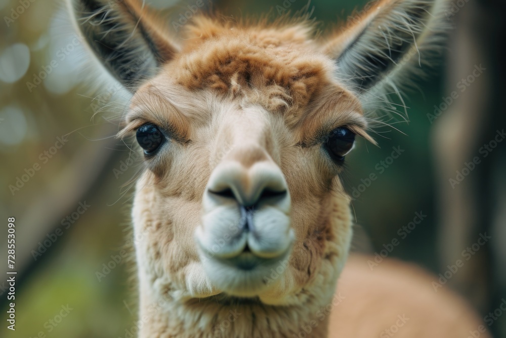Obraz premium A close up shot of a llama looking directly at the camera. Perfect for animal lovers and nature enthusiasts
