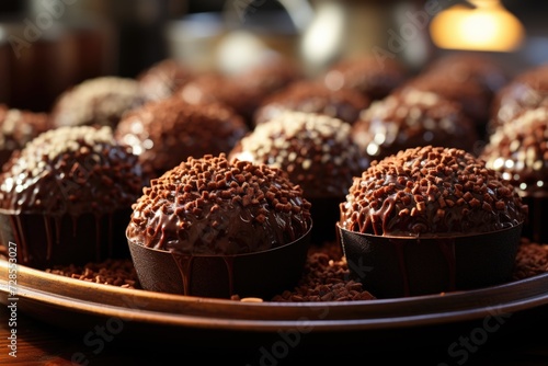 Brazilian typical brigadeiros with granulated chocolate on wooden table, generative IA