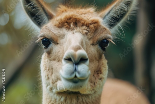 A close up shot of a llama looking directly at the camera. Perfect for animal lovers and nature enthusiasts