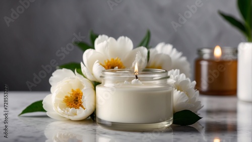 A beautiful candle. White peonies. Grey delicate background. The concept of cosmetics  spa  self-care  skincare  natural beauty.