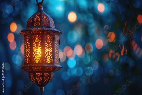A lantern hanging from a string in front of a blurry background. Versatile image suitable for various uses