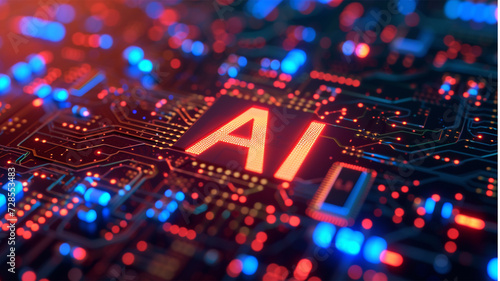 a complex circuit board, illustrating the integration of artificial intelligence technology with electronic hardware