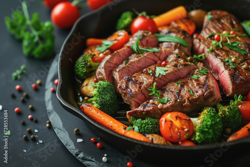 Grilled beef steak with grilled vegetables, with carrots, tomatoes, in a cast iron pan. AI Generated