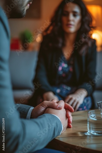 A man and a woman are seen sitting at a table. This image can be used to depict a variety of scenarios involving a couple, such as a romantic dinner, a business meeting, or a casual conversation