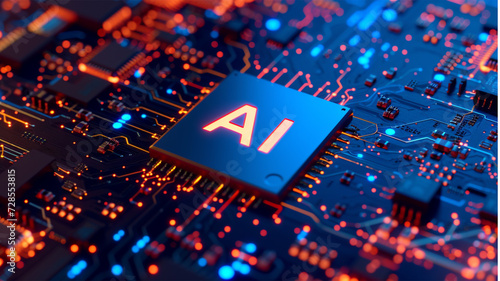 a complex circuit board, illustrating the integration of artificial intelligence technology with electronic hardware