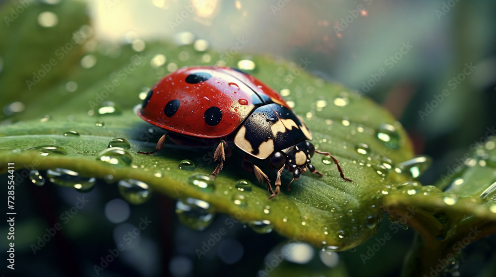 a lady bug sitting on top of a green leaf covered in water droplets on a sunny day in the rain, generative ai a lady bug sitting on top of a green leaf covered in water droplets on a sunny day in the rain, generative ai