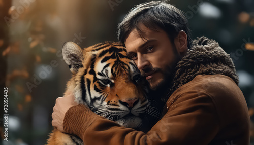 Man hugging tiger , Environmental eco safe Conservation