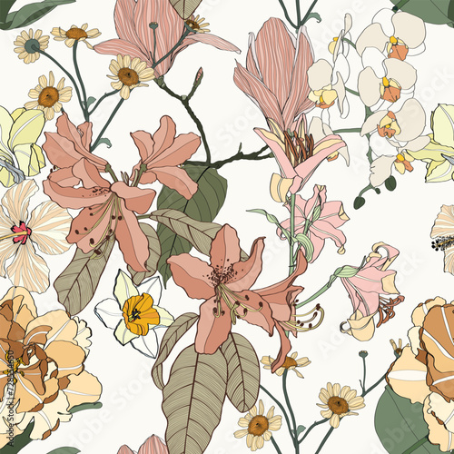 Vintage colors seamless tropical pattern with colorful garden flowers and orchids on white background. Seamless exotic pattern with tropical plants. Exotic wallpaper. 