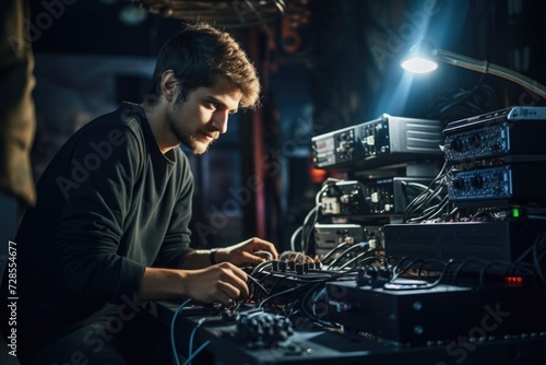 A man sitting in front of a bunch of electronic equipment. Suitable for technology-related projects © Fotograf