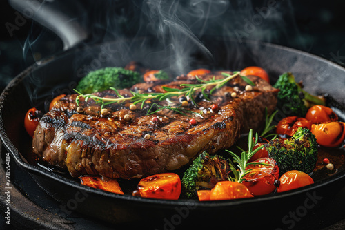 Grilled beef steak with grilled vegetables  with carrots  tomatoes  in a cast iron pan. AI Generated