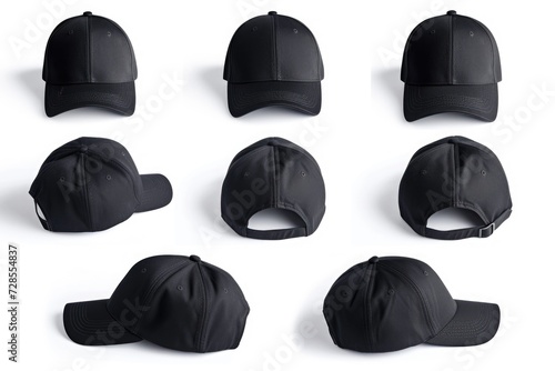 A set of six black baseball caps on a white background. Perfect for sports teams, events, or casual wear