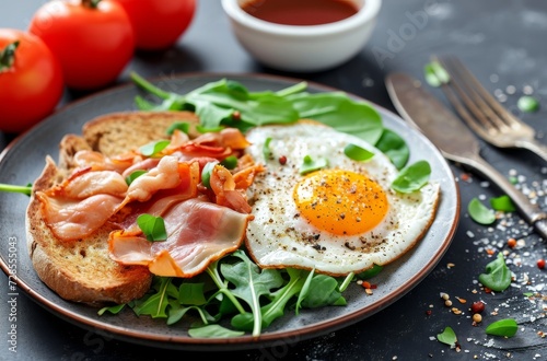 A delectable open-faced sandwich featuring crispy prosciutto and a fried egg on toast, garnished with fresh basil leaves and a side of green salad