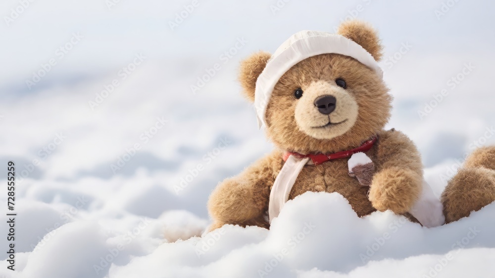 Teddy bear sitting in the snow