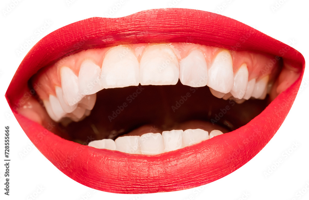 Open female mouth with white teeth, red lipstick isolated over transparent background. Laughing, happiness, jokes. Concept of human emotions, face part, makeup, dental care