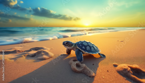 Little turtle on clean beach at sunset , Environmental eco safe Conservation