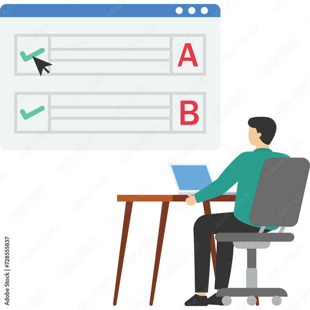 Online exam concept, checklist and pencil, exam, choose answer, questionnaire form, education concept, male character completing a questionnaire task, vector flat illustration Online exam concept, checklist and pencil, exam, choose answer, questionnaire form, education concept, male character completing a questionnaire task, vector flat illustration