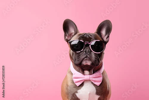 Funny French bulldog wearing glasses with black frames. Portrait of a cute pet. Fashionable and stylish dog wearing glasses on a pink isolated background.