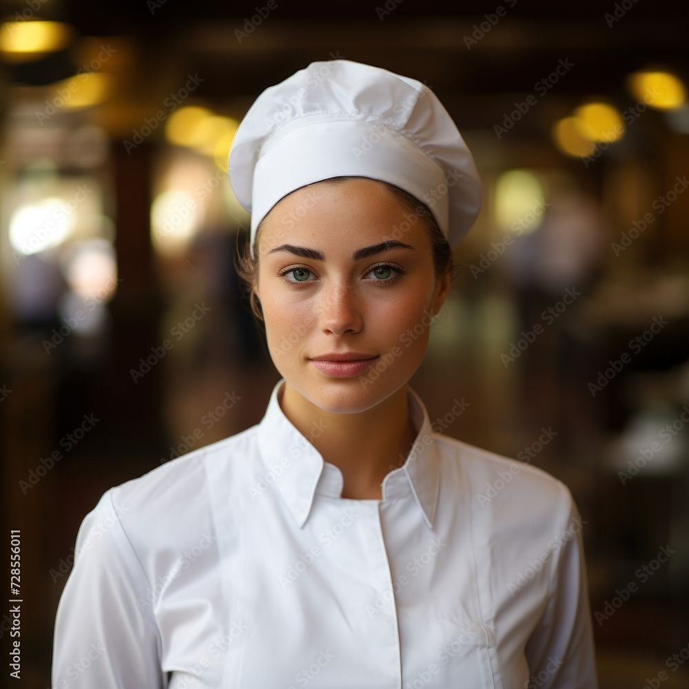 A confident young female chef wearing a white chefs hat and uniform standing in a softly lit restaurant setting A confident young female chef wearing a white chefs hat and uniform standing in a softly lit restaurant setting