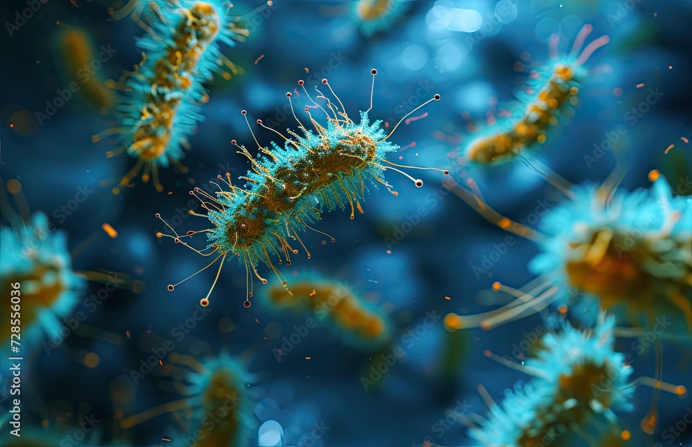 Close-up of virulent bacteria clusters with intricate appendages in a dark aquatic environment on dark blue background.
