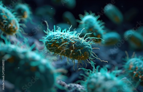 Close-up of virulent bacteria clusters with intricate appendages in a dark aquatic environment on dark blue background. © Marharyta