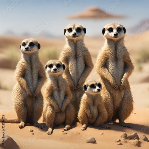Lifelike depiction of a group of meerkats standing guard in the arid, sandy expanse of a desert.