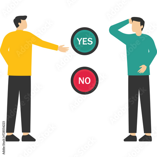 Decision-making concept illustration. the business team chooses the option between yes and no. Choice, problem, and decision concept. Vector illustration in flat cartoon style