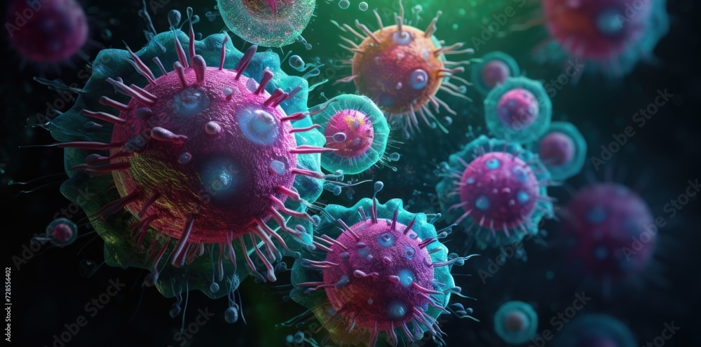 Fototapeta premium Viruses in teal and magenta for microbiological research and education.