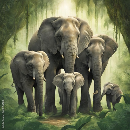 "Generate an image featuring a family of elephants in a lush, green jungle, emphasizing the strong bonds and social structure among these gentle giants." - 1