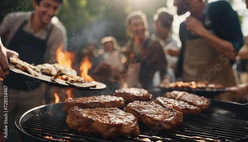 close up of fried steaks on the barbecue, blurred image of people having fun together in the background