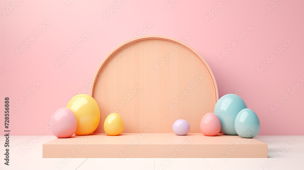 Fototapeta premium Easter Eggs Wooden Platform Empty Blank Plate Podium Pedestral Table Stand Mockup Product Display Showcase Wood Surface Podest Pastel Holiday Rabbit Colorful Rose Purple Soft Flower Green Mint Rose