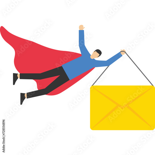 Email Communication concept, businessman superhero carrying big email envelope flying to the recipient address, marketing campaign from subscription, sending a message or information concept.