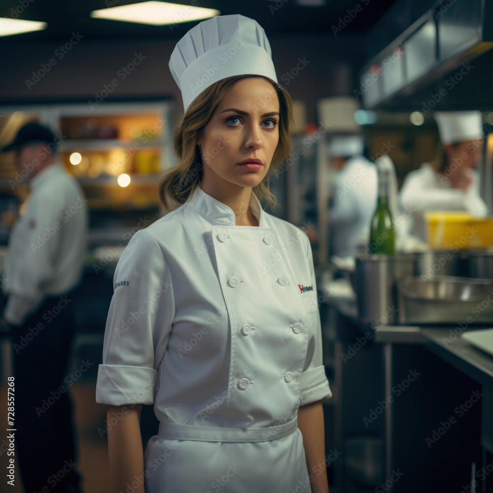A focused female chef in a professional kitchen wearing a white chefs coat and hat stands confidently amongst her busy colleagues A focused female chef in a professional kitchen wearing a white chefs coat and hat stands confidently amongst her busy colleagues