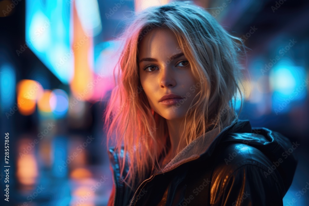 Urban Glow: Sensual Portrait of a Blonde Woman with Brown Eyes in a Cyber Punk Street Urban Glow: Sensual Portrait of a Blonde Woman with Brown Eyes in a Cyber Punk Street