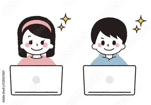 パソコンを操作する子供のイラスト。